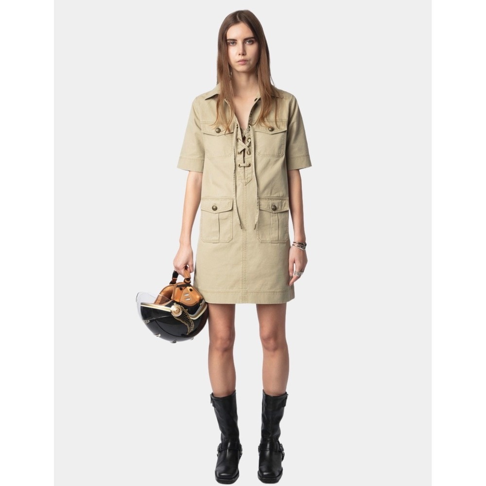 Zadig & Voltaire Record Coton Lave Lace Up Utility Mini Dress Khaki Tan Small